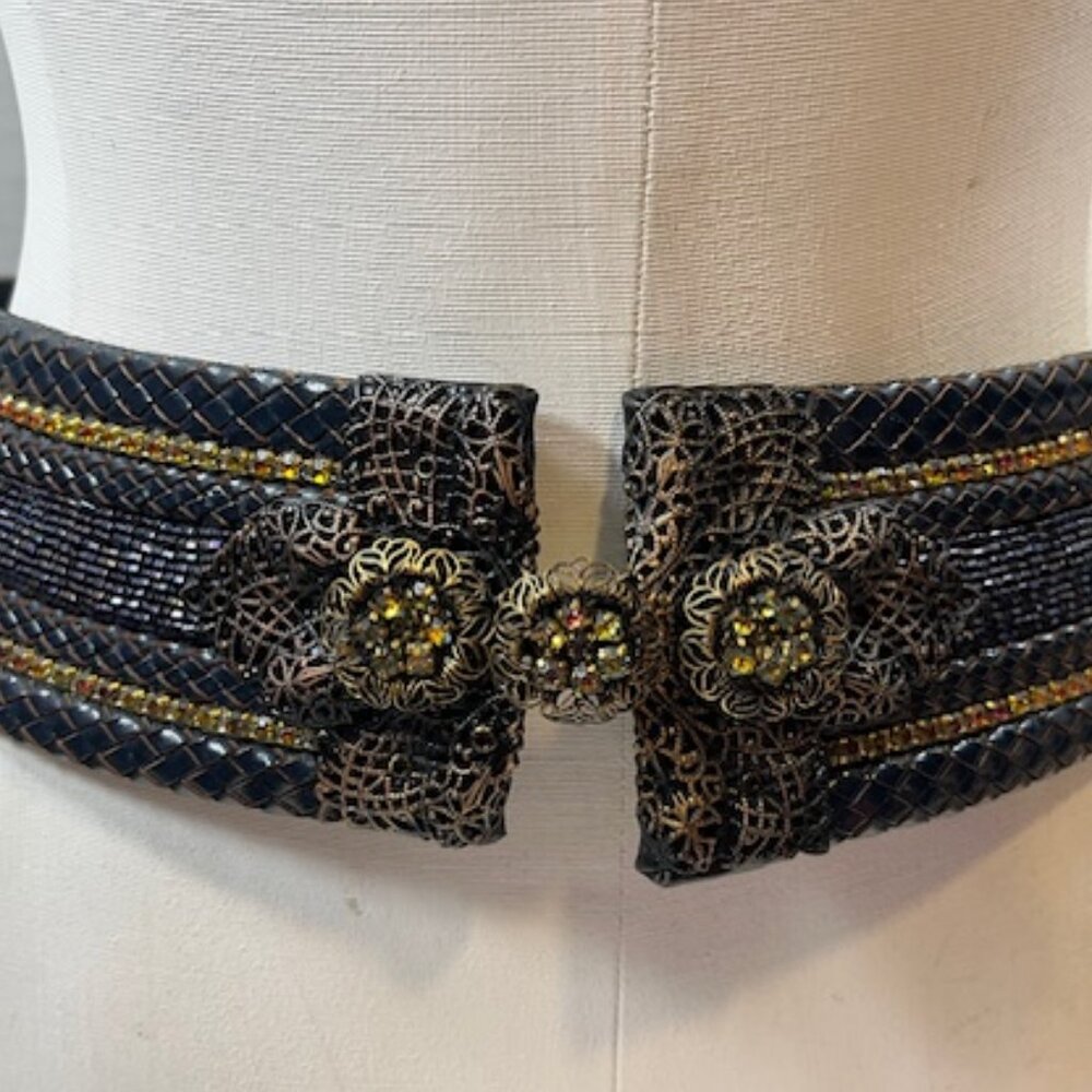 Barrera Beaded Rhinestones Wide Braided Leather BOHO Waist Belt Navy 30" - Picture 6 of 15
